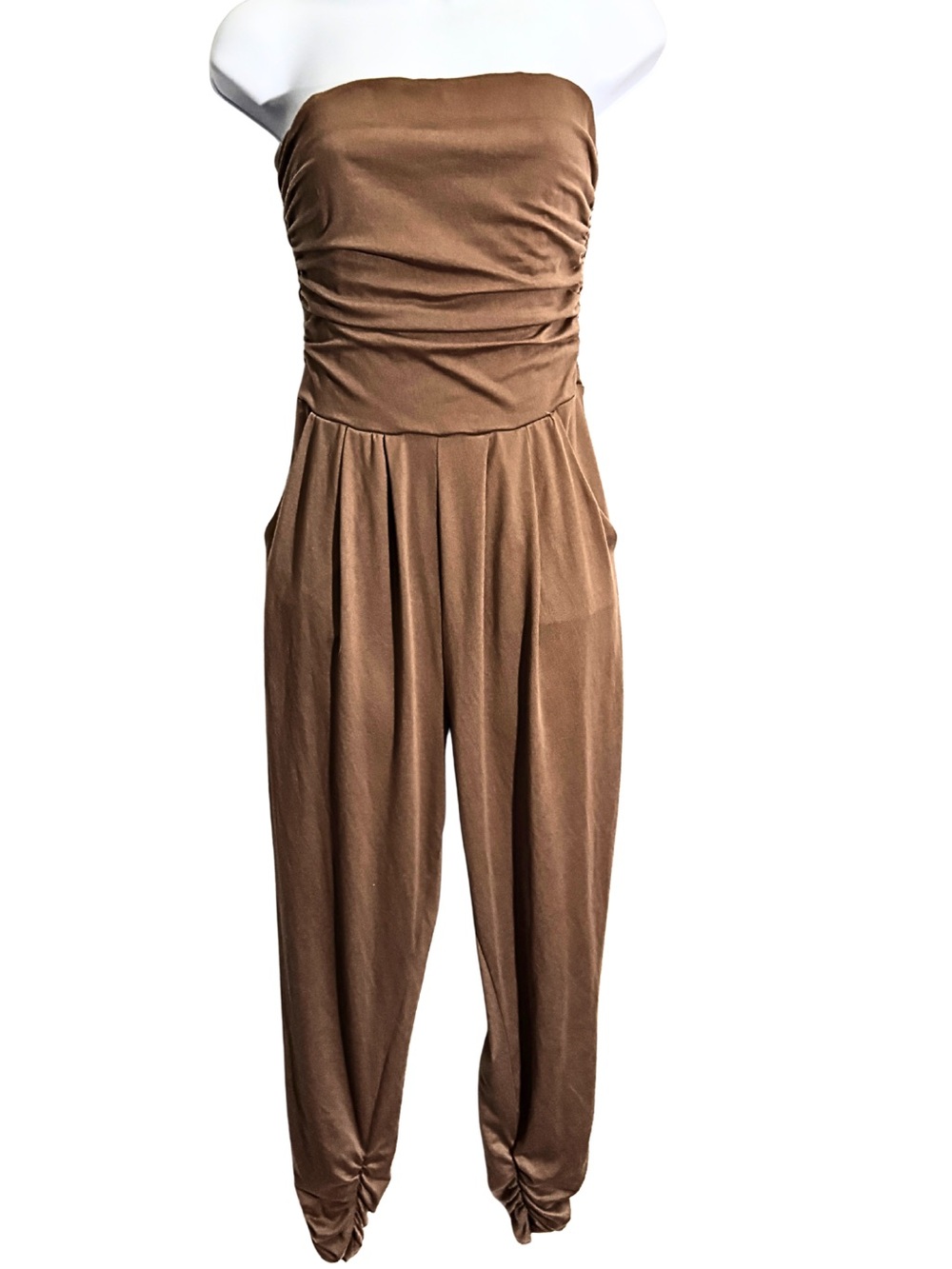 STRAPLESS JUMPSUIT Brown Ruched Tapered Leg Baddie Edgy Fitted Cinch Waist SZ S